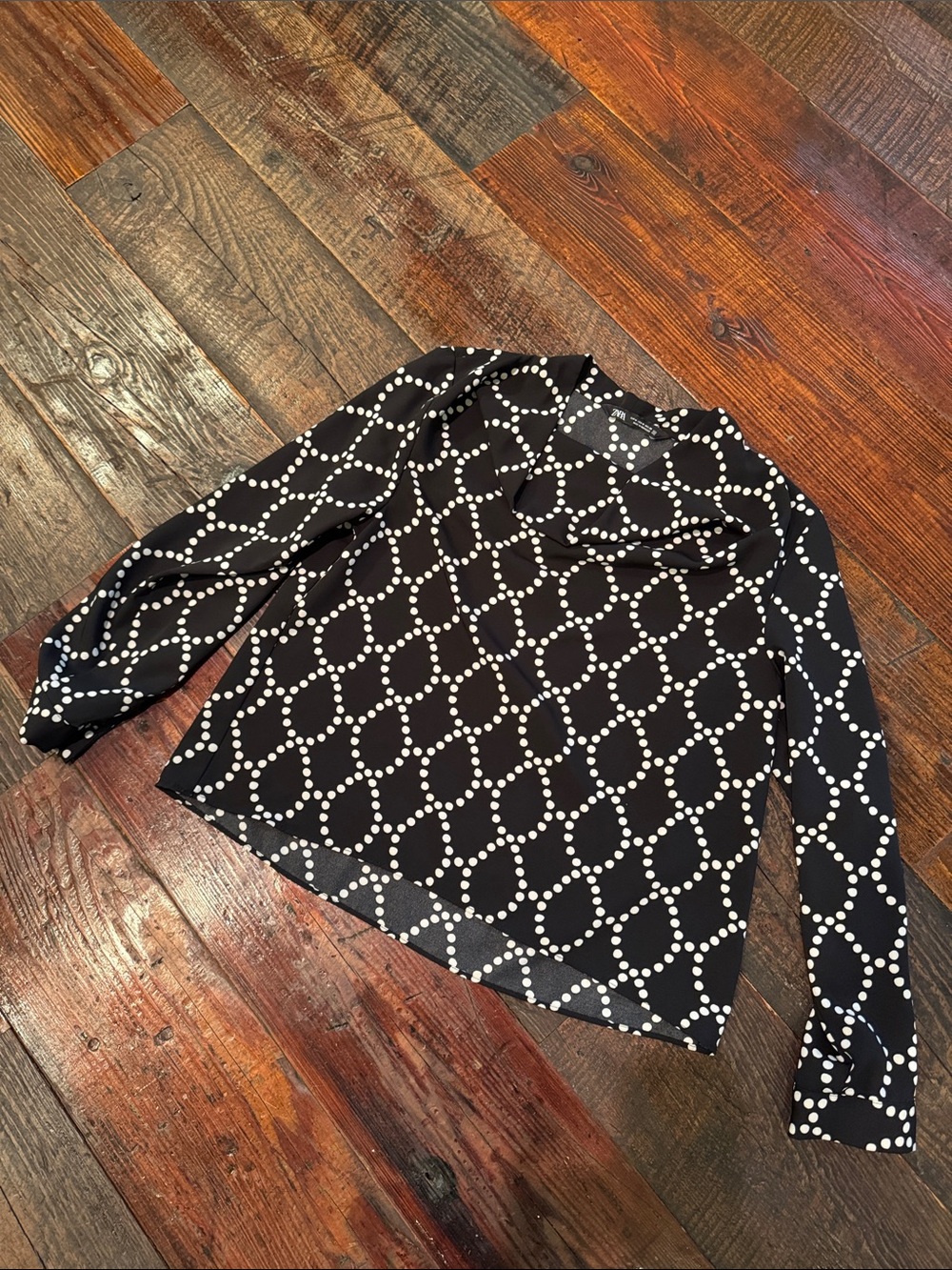 Zara Black Blouse with White Dot-Chain Pattern